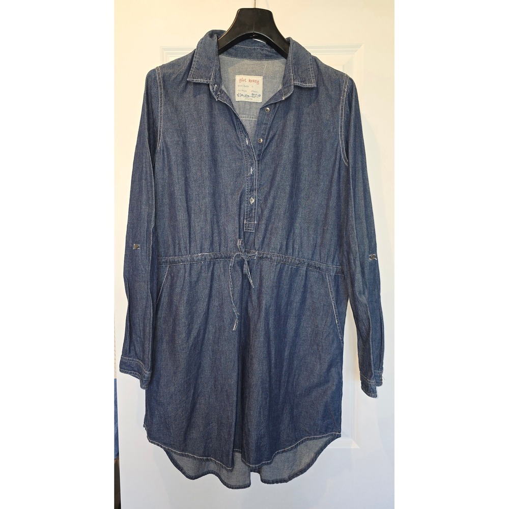 Girl Krazy Blue Denim Shirt Dress Women L Long‎ Sleeve Drawstring Waist Cotton